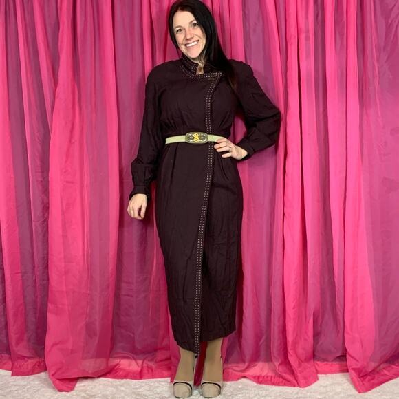 Vintage 80s Beau David brown maxi wrap power dress, 8 - Picture 1 of 10